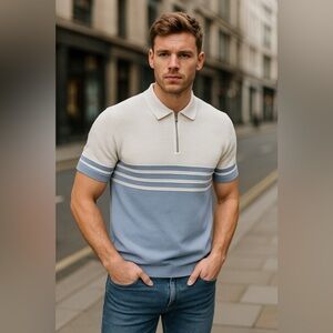 River Island Cream and Blue Men's Polo Shirt